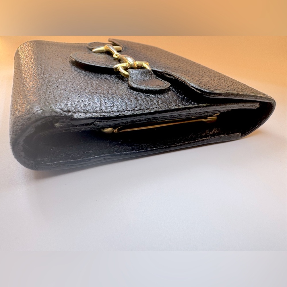 Gucci Horsebit Kisslock Coin Wallet Black Grained Leather Gucci Wallet Vintage - Picture 2 of 13